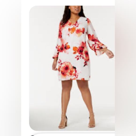 Calvin Klein V-Neck Tulip Sleeve Red and Orange Floral dress NEW Size 2 - Picture 3 of 13